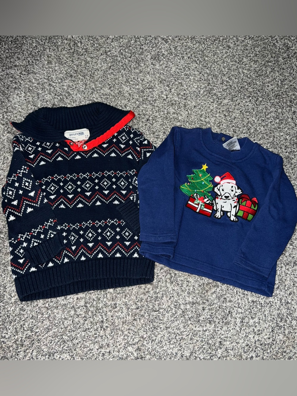 Navy Fair Isle Sweater + Blue Christmas Puppy Sweatshirt